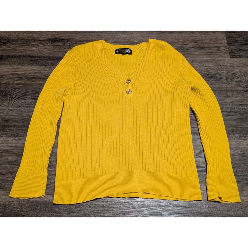 Lauren Jeans Company Ralph Lauren‎ Yellow Ribbed V Neck Button Sweater L 2X READ